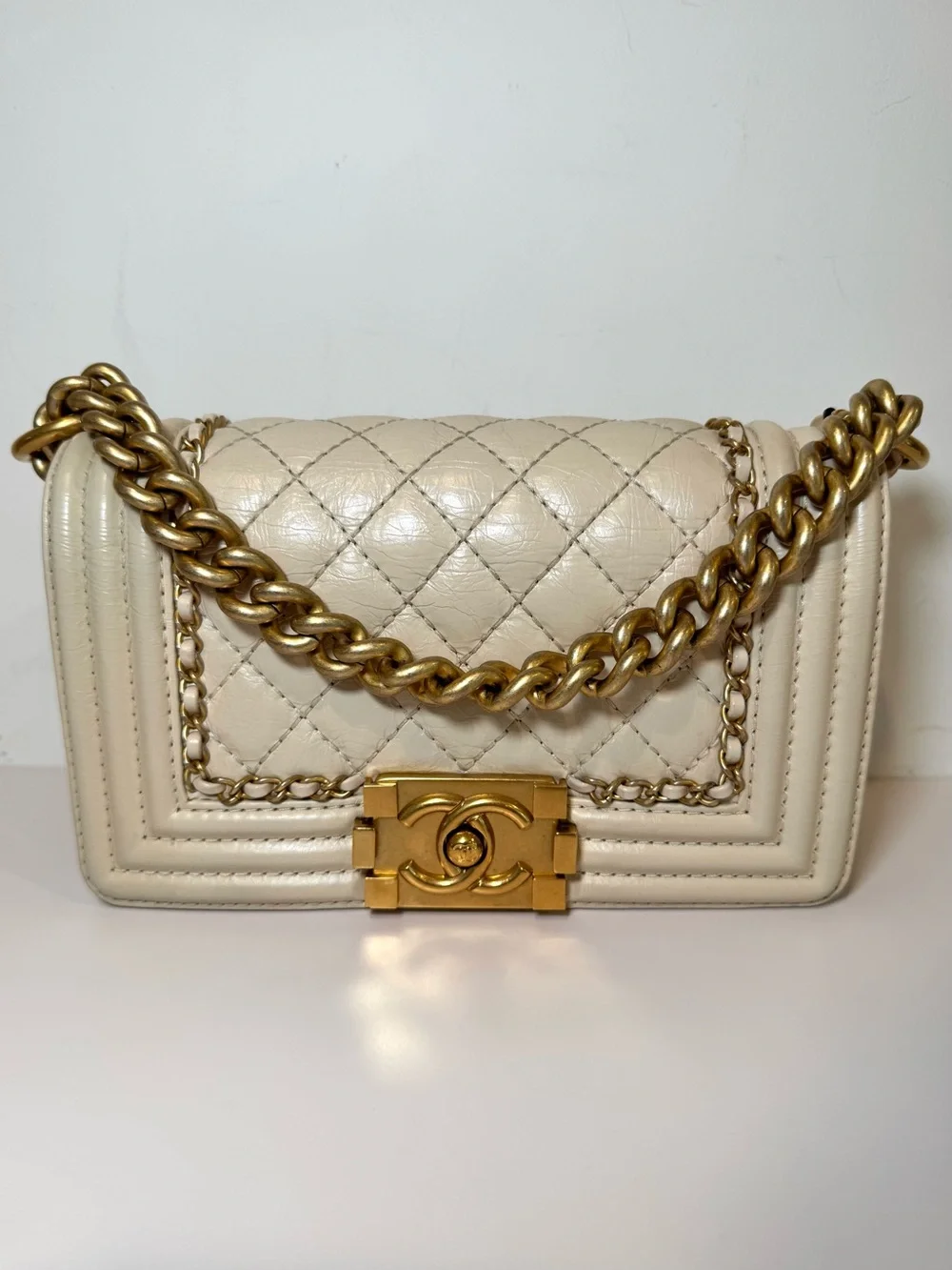 Chanel Small Chain Around Boy Bag W Cream Quilted Aged Calfskin & Gold Hardware